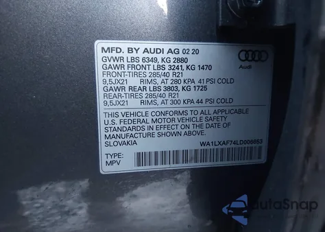 2020 Audi Q7 Premium Plus 55 Tfsi Quattro Tiptronic z USA, uszkodzony, nr VIN WA1LXAF74LD006653